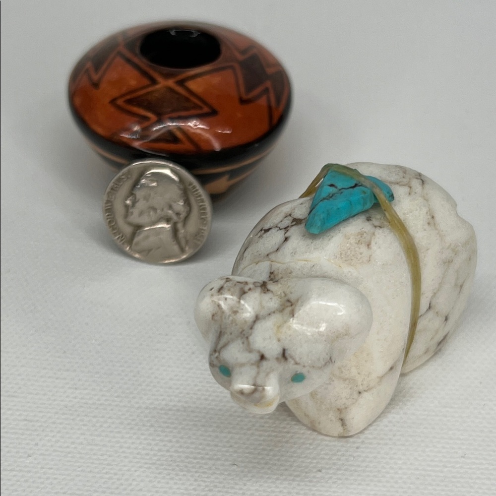 White calcite Bear Figurine with Turquoise Accent.